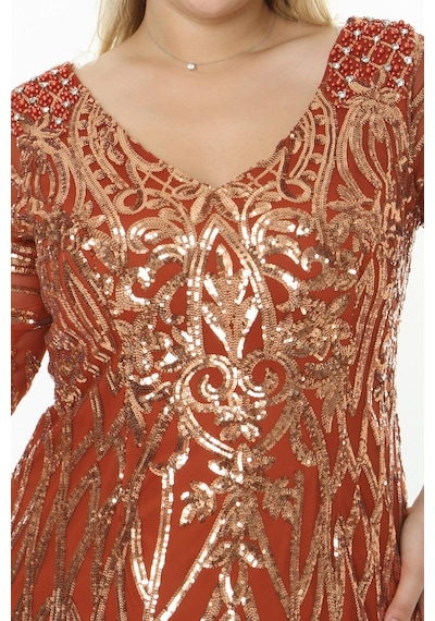 Ladies First Büyük Beden 3803 Kiremit Ara Boy Abiye Elbise 001