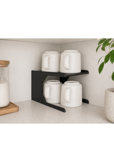 Mutfak Dolap İçi Kupa Organizer Rafı 2 Katlı Bardak Düzenleyici Stand 12x21x13 Cm Siyah
