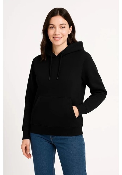 Üç İplik Kapüşonlu Kanguru Çepli Sweatshirt Hoodie - Siyah