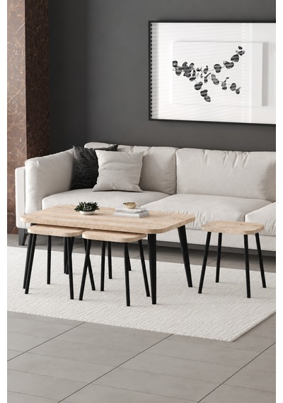 Roma Orta Sehpa Metal Ayaklı , 4+1 Orta Sehpa , 100 X 60 X 50 Cm Siyah Metal Traverten Tabla