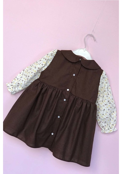 Bebe Yaka Pileli Çiçekli Kahve Kız Çocuk Bebek Elbise 001