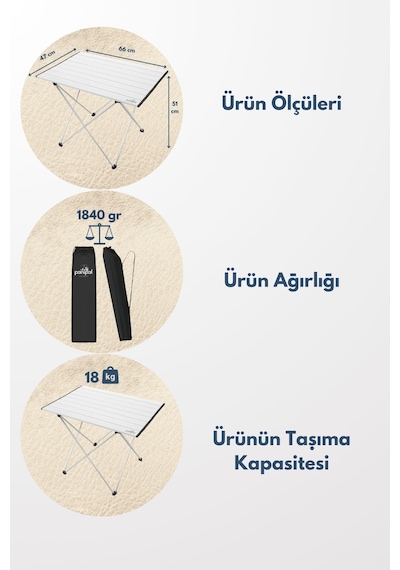 Panipal Alüminyum, Katlanabilir Kamp Ve Piknik Masası, Taşıma Çantalı M Gri