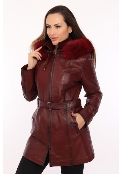 Hakiki Kuzu Derisi Fermuarlı Bordo Kemerli Kadın Ceket Bordo Bordo