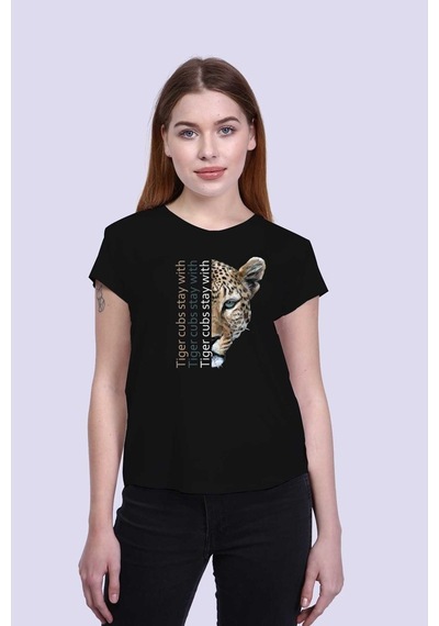 Kadın Siyah Ön/Arka Tiger Baskılı V Yaka Tshirt Siyah
