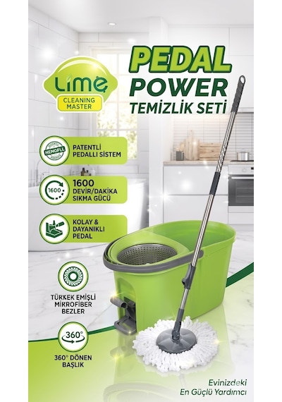 Şeylişeyler - Lime Pedal Power Pedallı Temizlik Seti - 360 Derece Döner Başlık Mikrofiber Mop