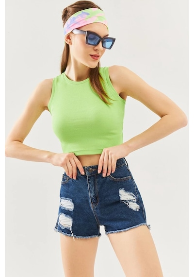 Butikgiz Kadın Sıfır Kol Bisiklet Yaka Vücuda Oturan %100 Pamuklu Kaşkorse Esnek Crop Bluz Fıstık Yeşili