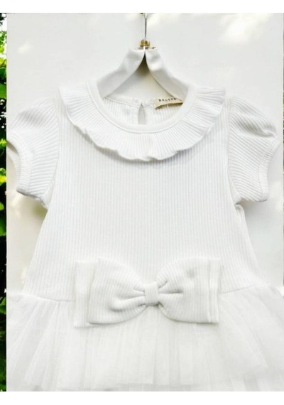 Zekids Kız Çocuk Fitilli Tütülü Elbise-14525 Beyaz