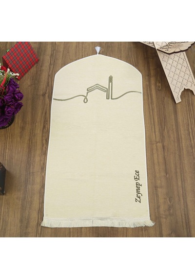 İsme Özel El Kuba Lüks Astarlı Biyeli Seccade-krem 66x125cm 565 Gr