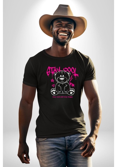Serin Ve Mutlu Kal Unisex Unisex Siyah Organik Baskılı T-shirt Penye Yüksek Kalite Siyah