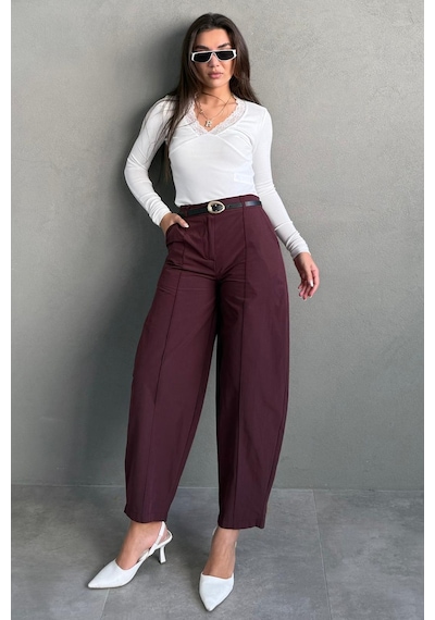 Madmext Mürdüm Modern Kesim Kemerli Yüksek Bel Bol Paça Kumaş Pantolon Mg2618 Mürdüm