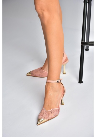 Fox Shoes Y752093806 Pudra Dantel İnce Galveniz Topuklu Kadın Ayakkabı