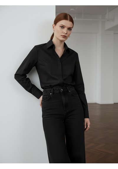 Pera Moda Kadın Slim Fit Pamuklu Ofis Gömleği Koyu Siyah