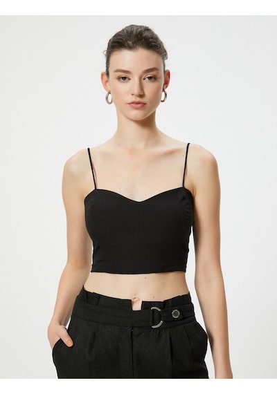 Koton Askılı Crop Üst Kalp Yaka Pamuklu Slim Fit Siyah 4sak30009ew Siyah