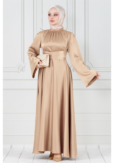 Çapraz Kuşaklı Saten Abiye Elbise-bej-3856