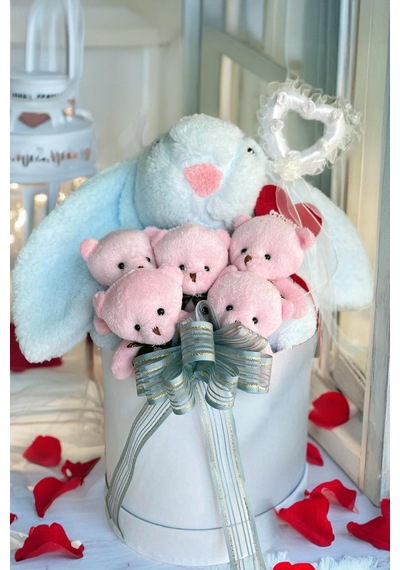Sole Premium Özel Hediye Kutusunda 45 Cm Mavi Bunny Tavşan Ve 5 Adet Pembe Peluş Ayıcık Buketi