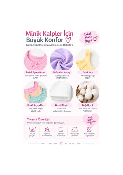 Westicgiyim 6'lı Kız Çocuk Modal İp Askılı Atlet %48 Modal %47 Pamuk %5 Elastan Esnek Rahat 3-10 Yaş Çok Renkli