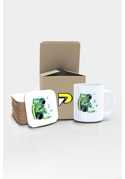 Astronot Barista Uzay Tasarımlı Baskılı Kupa Bardak Seti, Eğlenceli Özel Hediye Mug Çok Renkli