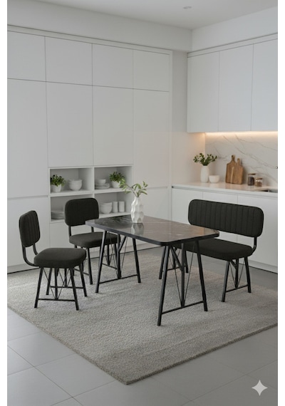 Elfin 70x110 Siyah Sabit, 2 Sandalye 1 Bench, Masa Sandalye Takımı, Mutfak Masası Takımı - Siyah Elfin 70x110 Siyah Sabit, 2 Sandalye 1 Bench, Masa Sandalye Takımı, Mutfak Masası Takımı - Siyah