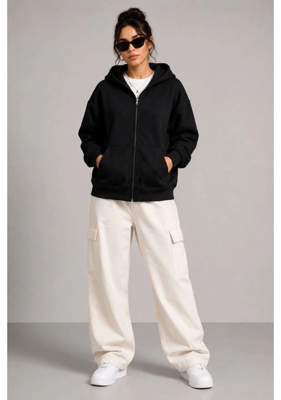 Kadın 3 İplik Şardonlu Tam Fermuarlı Kapüşonlu Arka Çanta Detaylı Sweatshirt - Siyah