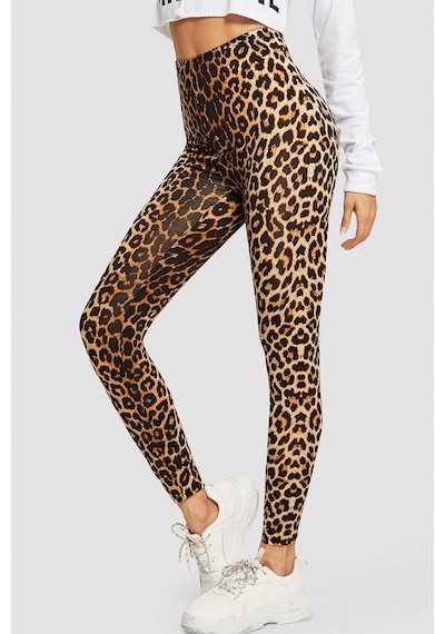Moda Dua Kadın Leopar Desenli Yüksek Bel Dar Kesim Esnek Tayt
