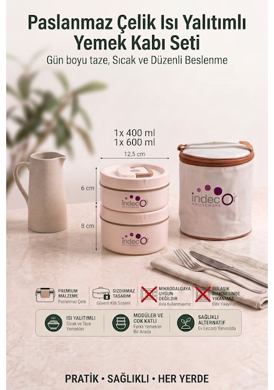 Isı Yalıtımlı Çantalı 2 Parça Vakumlu Lunch Box Yemek Termosu Beslenme Kutusu Sefer Tası Krem