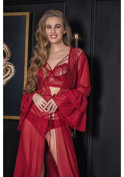 Saklımoda Transparan Maxi Boy Sabahlık Bordo 11650 Bordo