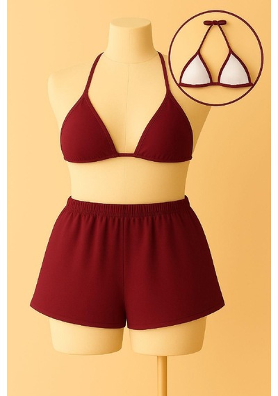 Modadua Kadın Bordo Şortlu Belden Ve Boyundan Bağlamalı Bikini Takımı