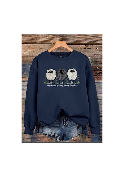 Herkesemoda Kuzu Baskılı 2 İplik Şardonlu Bisiklet Yaka Sweatshirt Lacivert