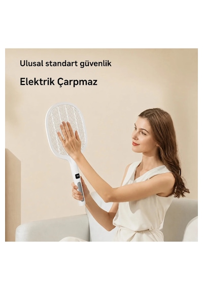 Dijital Ekranlı Şarjlı Sinek Raketi Usb Type-c Elektrikli Standlı El Tipi Mor Işıklı Sivrisinek Öldürücü Black