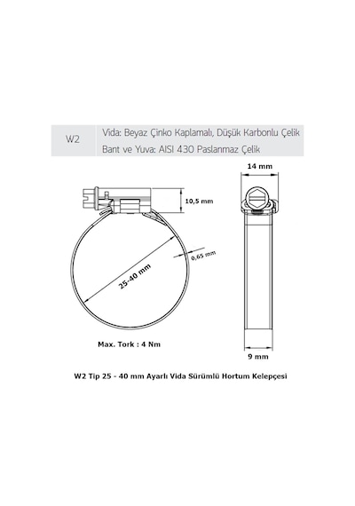 3 Adet W2 Hortum Kelepçesi 25-40 mm Ayarlı 430 Kalite Paslanmaz