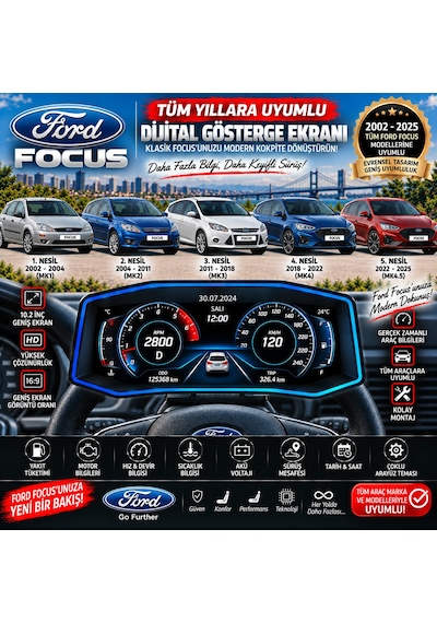 Ford Focus 2002-2025 Model Uyumlu Harici Digital Gösterge Odb Ekran Arıza Göstergesi Turbo Gösterge Hayalet Ekran