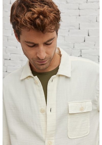 AC&Co / Altınyıldız Classics Erkek Bej Comfort Fit Rahat Kesim Gizli Düğmeli Yaka %100 Pamuk Kışlık Gömlek Ceket Bej