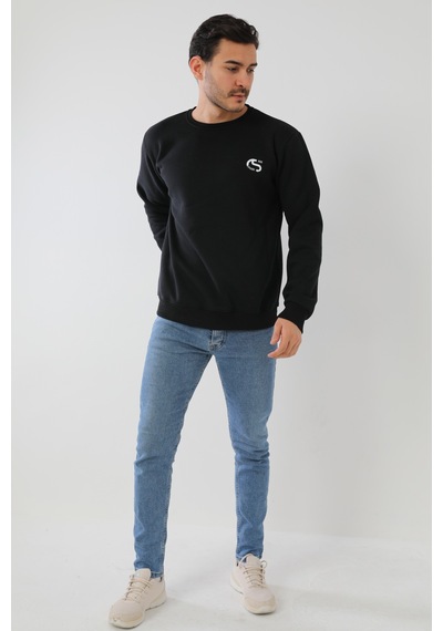 Erkek Siyah Renk Kapşonsuz Baskılı Sweatshirt Siyah