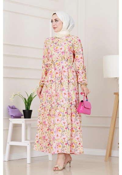 Sevitli Çiçekli Kumsal Elbise-pembe-5245 Pembe