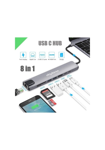 Daytona Cf10 Apple Uyumlu MacBook Type-C To 8İn1 Hub Çevirici Adaptör