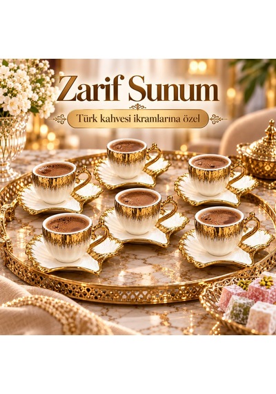 Valkyrie 6 Kişilik 12 Parça Gold Fiyonklu Porselen Türk Kahvesi Fincan Seti 80 Ml Kutulu Beyaz Altın
