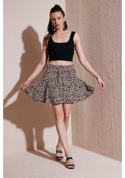 Lela Desenli Beli Lastikli Slim Fit Mini 2'Li Paket Bayan Şort Etek 5864024S2 Siyah-Leopar