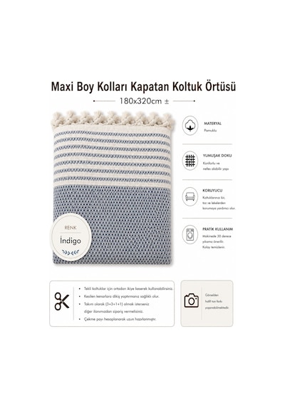 Pamuklu Kaymaz Hasır Dokuma Maxi Boy Kolları Örten Koltuk Örtüsü 180x310 - İndigo Mavi