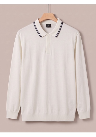 Maccali Erkek Beyaz Büyük Beden Gizli Fermuarlı Polo Yaka Triko Sweatshirt