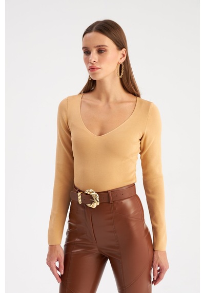 Sateen V Yaka Triko Crop - Bisküvi-129491