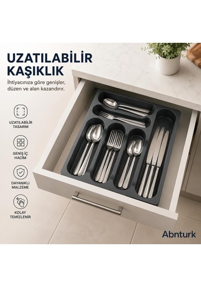 Uzayabilen Ayarlanabilir Pratik Çekmece İçi Kaşıklık-çatal Kaşık Bıçak Düzenleyici Siyah