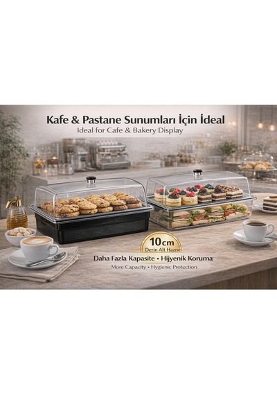 Polikarbon Gn 1/1 Fanus Kapaklı Derin Servis Küveti 32.5x53 Cm 10 Cm Alt Hazne Şeffaf