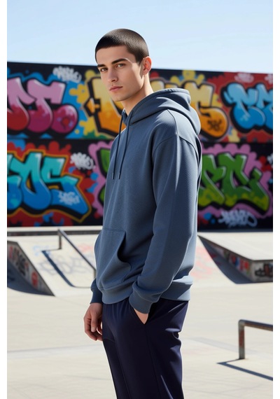 Benerly Erkek Kapüşonlu Düşük Kol Uzun Kollu Oversize Kalıp Sweatshirt Fo Indigo