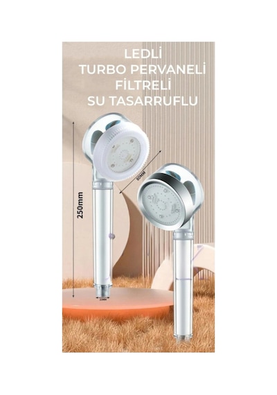 Led Işıklı Turbo Renkli Pervaneli Filtreli Su Tasarruflu Duş Başlığı Çok Renkli