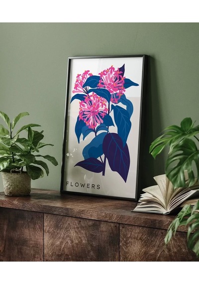Çerçevesiz Poster Mavi Yaprak Pembe Çiçek
