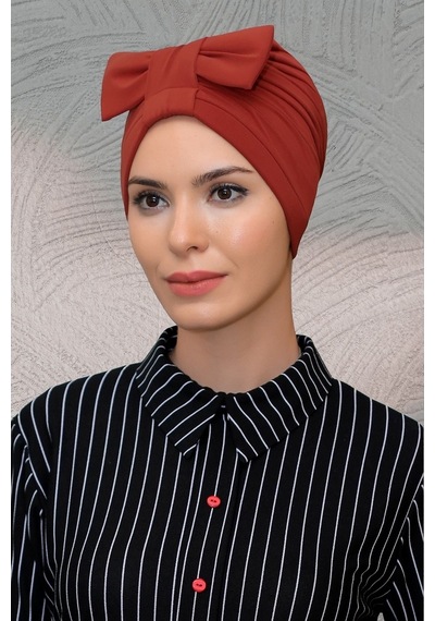 Hürrem Bone Kiremit Pratik Hazır Geçmeli Tesettür Bone Sandy Kumaş Fiyonklu B Kiremit
