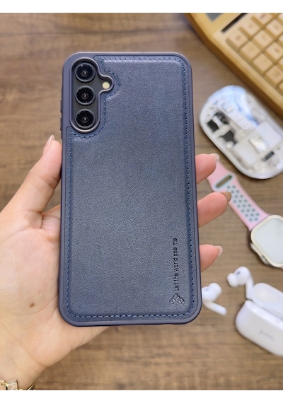 Samsung Galaxy A25 Uyumlu Premium Deri Dokulu Darbelere Karşı Dayanıklı Nazal Silikon Kılıf Lacivert