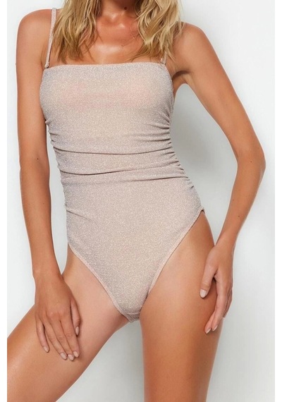 Ersefa Kadın Moda Atma Kap Kolsuz Slip Yaka Pembe Straplez Drapeli Simli