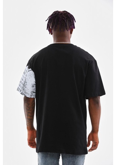 Ertaştrendstore Erkek Bisiklet Yaka Baskılı Oversize T-shirt - Siyah Çok Renk