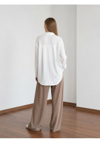 Pera Moda Oversize Arkası Uzun Tiril Tiril Viskon Kadın Gömlek Beyaz